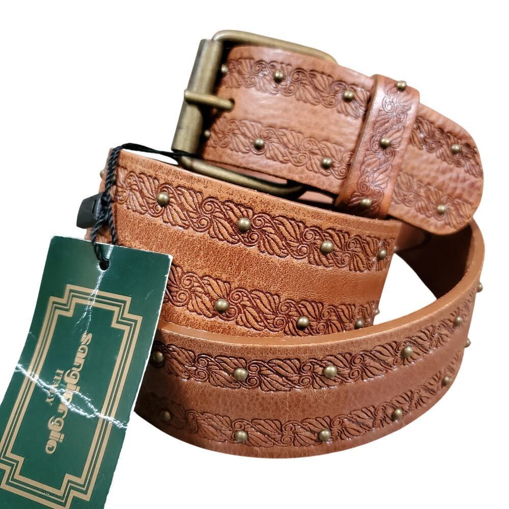 Sangiorgio Italy Tooled Leather Studded Belt Tan Gold Hardware NWT Western Boho